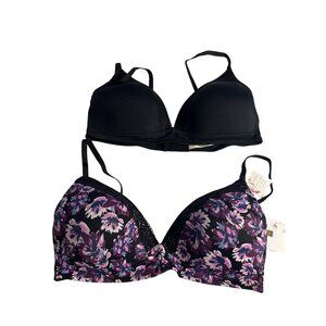 Jessica Simpson Wirefree Bra 2-Pack 36C Black & Purple Floral for extra comfort